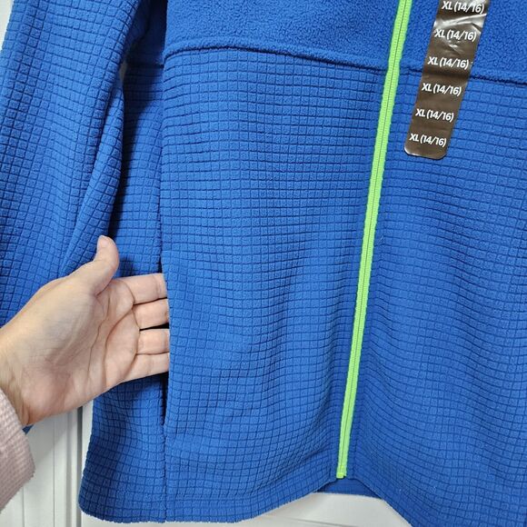 NWT Land’s End Kids XL 14-16 Full Zip Fleece Blue Neon Trim Waffle Weave Jacket - Picture 4 of 7